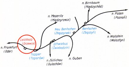 schemat linii kolejowej Drzewce – Zbąszyń