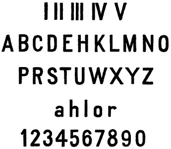 schwarz auf weiß in fünf Zeilen römische Zahlen I bis V, Großbuchstabenalphabet, Kleinbuchstaben, Ziffern