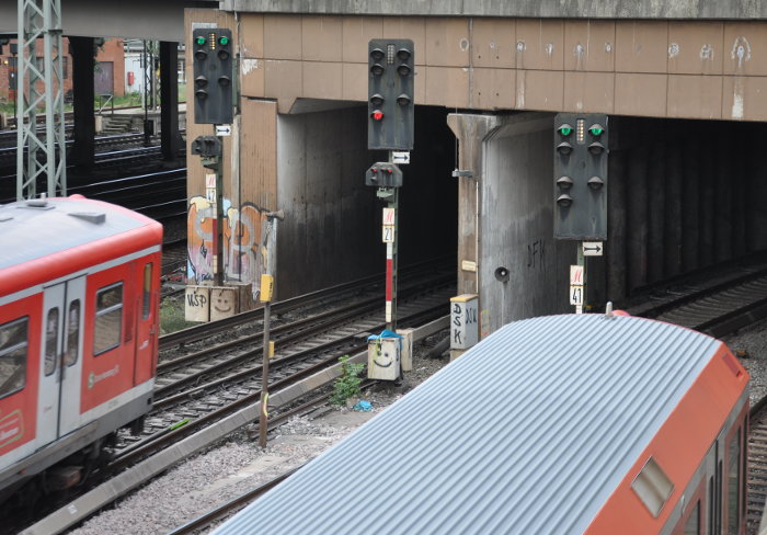 Signale 42, 21 und 41 vor der Einfahrt an den Tunnelbahnsteig Hbf wie im Text beschrieben