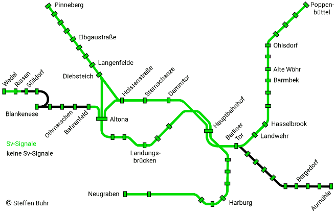 Streckenübersicht (Netzspinne), grüne Linie für mit Sv-Signalen ausgerüstete Strecken, schwarze Linie ohne Sv-Signale, kleine Rechtecke als Bahnhöfe, davon nur die im Text verwendeten beschriftet