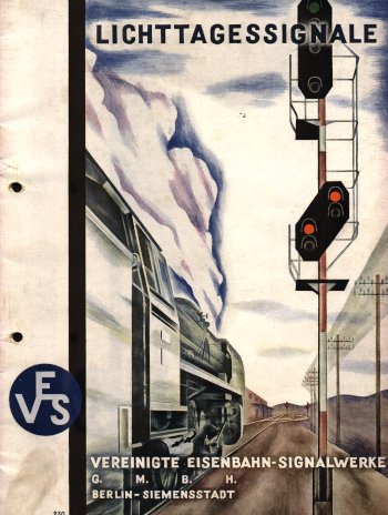 Titel, links VES-Symbol, Zeichnung Richtung Horizont fahrende Dampflok, rechts daneben Lichthaupt- mit Vorsignal am Mast
